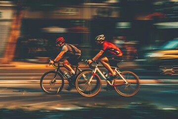 Fototapeta premium Cyclists riding through a city park surrounded by lush greenery and a softly blurred background