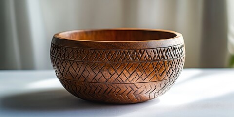 Empty wooden bowl with carved tribal pattern standing on white table