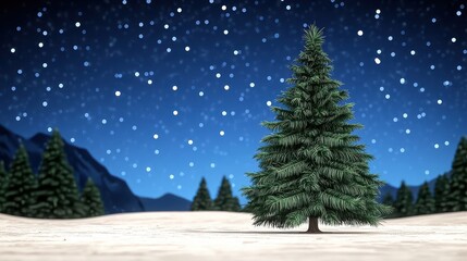 Christmas Tree Under Starry Night Sky in Winter Snow Landscape with Mountain Backdrop