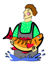 A young fisherman holds a fish in his hands. Illustration on a white background.