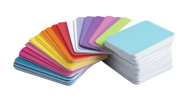 Stack of colorful flashcards arranged in an arc showcases a vibrant spectrum of colors, ready for learning or educational purposes, isolated on a transparent background