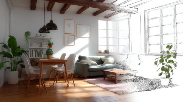 Sketches showcasing creative designs for small apartment interiors emphasizing natural light and space utilization with various furnishing options