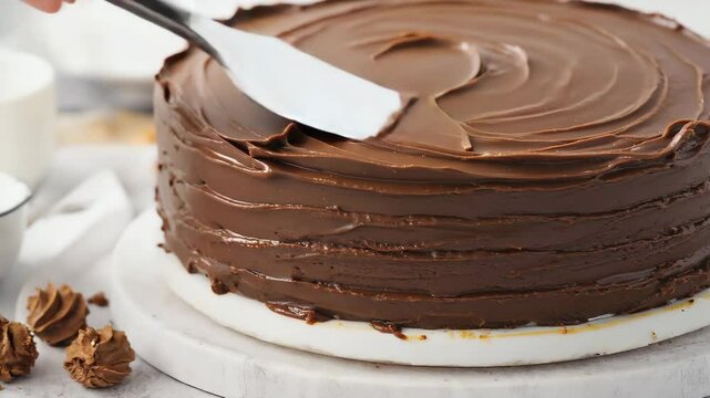 Close up of a decadent chocolate cake being frosted with ganache