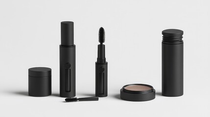 Obraz premium A modern makeup set with minimalist black packaging arranged in geometric alignment
