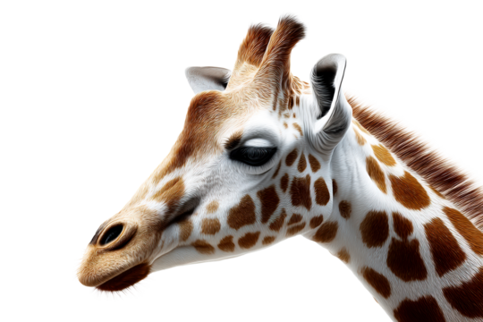 Giraffe portrait with detailed features on transparent background