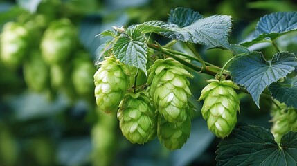 Lush Green Hops on Vine.  Close-up of healthy, unripe hop cones dangling from a vibrant green vine with textured leaves, ideal for brewing or agriculture themed content.