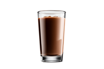 Creamy chocolate drink served in a tall glass with ice cubes