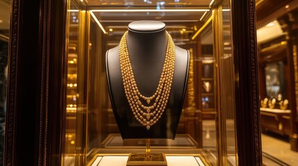 A showroom display cabinet containing a classic hanging gold necklace