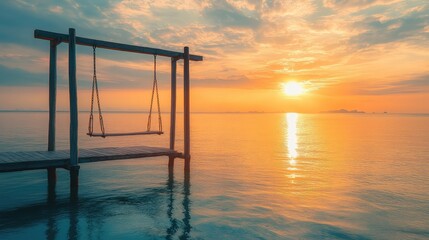 A swing on a pier overlooking calm ocean waters during golden hour