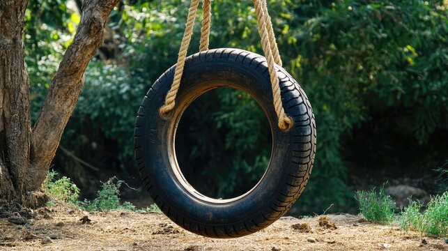 A tire swing with rope marks resting slightly tilted after a breeze