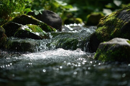 Close Up Mountain Stream With Rocks And Moss - Powered by Adobe