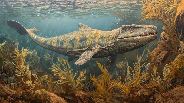 Tylosaurus lurking underwater in a vibrant marine habitat capturing ancient aquatic life detailed illustration
