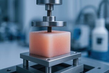 Bio engineering innovation concept with soft tissue sample under compression testing machine in laboratory environment