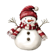 watercolor illustration of a cute snowman with hat and  scarf on transparent background