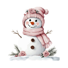 watercolor illustration of a cute snowman with hat and  scarf on transparent background