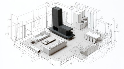 Hand drawn architectural sketches showcasing open plan spaces with modern design elements and functional layouts