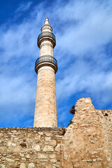 stone, historic minaret of Turkish mosque in Rethymnon on the island of Crete