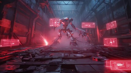 Futuristic industrial warehouse robotic arms large cyber mech red laser grid lights. Camera dolly sideways neon glowing red HUD projections mechanical noise, smoke sparks. Sci-fi workshop aesthetic - Powered by Adobe