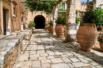 vine in the courtyard of the historic Orthodox monastery Moni Arcadia on the island of Crete