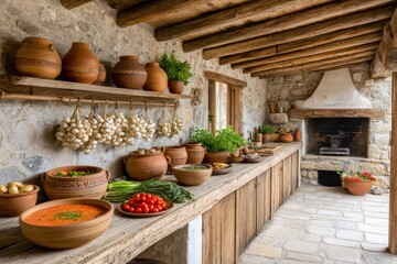 Fototapeta premium Rustic kitchen showing traditional cooking with fresh ingredients and clay pots