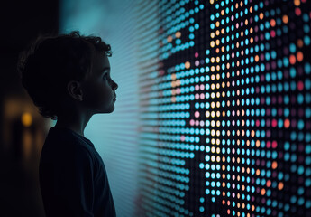 Silhouette of a little boy standing near illuminated neon LED wall looking amazed. Concept of futuristic cyberspace,  metaverse, modern digital technology. 