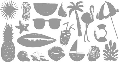 Travel set. Hand drawn vector illustrations in vintage sketch style. Summer tour, vacation, Chalk doodle style vector illustrations set. Creative summer 