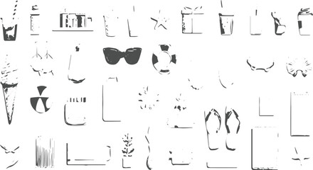 Palm tree silhouette on the beach by the sea for summer vacation, Beach accessories set. Black outline vacation elements. 