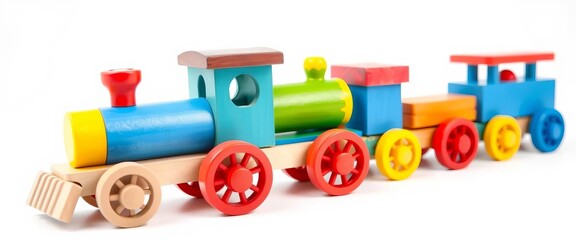 Naklejka premium Brightly colored wooden train on white background, perfect for play, childhood, kid