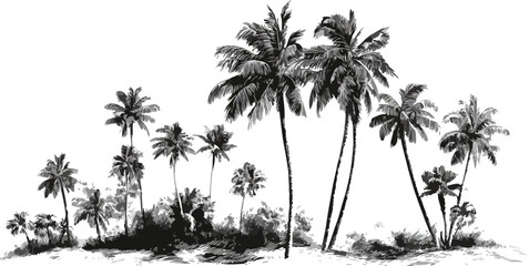 summer vacation, palm tree logo vector, Hand drawn vintage travel vacation set. Sketch retro summer trip vector illustration	