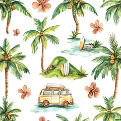 Watercolor Tropical Palm Tree Pattern With Van