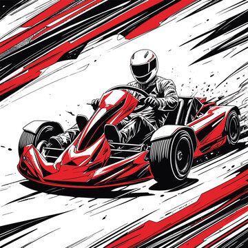 Realistische go kart Comic Vector Illustration | rotes Go-Kart f&uuml;r Sport T-Shirt Design | karting r&eacute;aliste