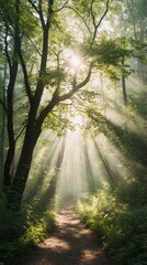 Obraz premium Sunlit Forest Path: Green Trees and Soft Light