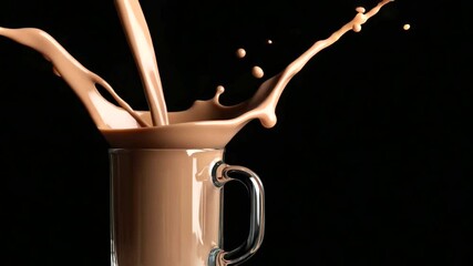 A dynamic splash of chocolate milk pouring into a clear glass against a black background - Powered by Adobe