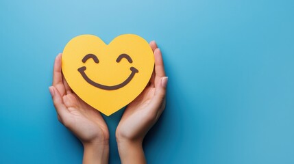 paper cut smiley face in hands make heart symbol for protection around on blue background. positive thinking, mental health, assessment, world mental health day concept