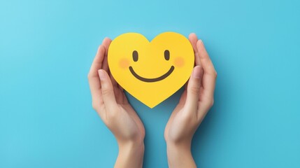 paper cut smiley face in hands make heart symbol for protection around on blue background. positive thinking, mental health, assessment, world mental health day concept
