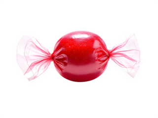 A single wrapped red candy with clear cellophane on a black background in a centered composition isolated with white background