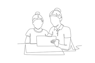 Students and teachers using touch pads concept one-line drawing