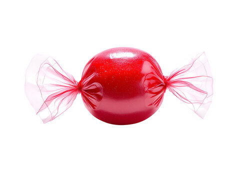 A single wrapped red candy with clear cellophane on a black background in a centered composition isolated with white background