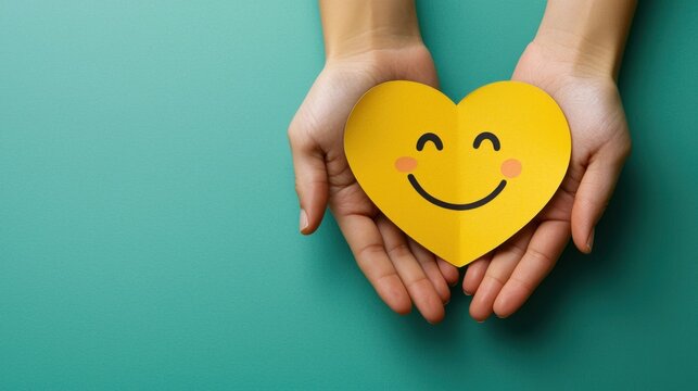 paper cut smiley face in hands make heart symbol for protection around on blue background. positive thinking, mental health, assessment, world mental health day concept