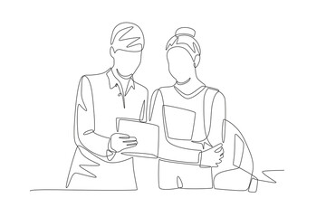 Students and teachers using touch pads concept one-line drawing