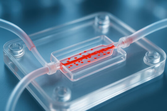 Microfluidic device with red fluid droplets demonstrates bio innovation in engineering for advanced medical research and diagnostics