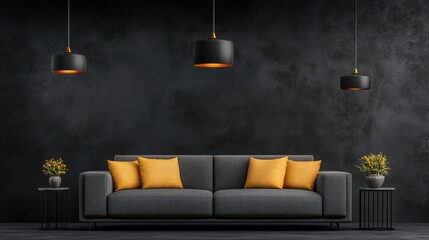 A modern interior scene showcases a sleek gray sofa adorned with bright yellow pillows, surrounded by black tables and stylish pendant lighting, Ideal for design, decor, or lifestyle projects,