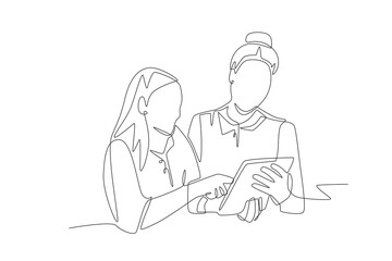 Students and teachers using touch pads concept one-line drawing