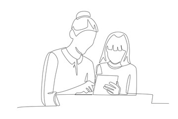 Students and teachers using touch pads concept one-line drawing