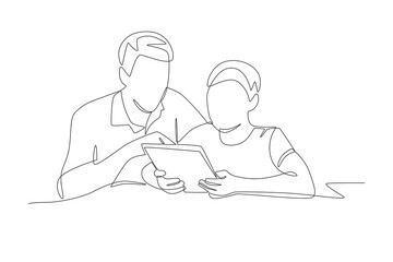 Students and teachers using touch pads concept one-line drawing