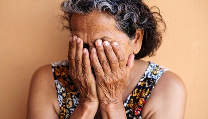 Una persona senior con las manos en la cara en concepto de depresión, tristeza y soledad AF