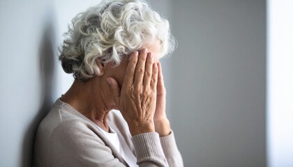 Una persona senior con las manos en la cara en concepto de depresión, tristeza y soledad AF