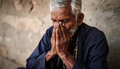 Una persona senior con las manos en la cara en concepto de depresión, tristeza y soledad AF