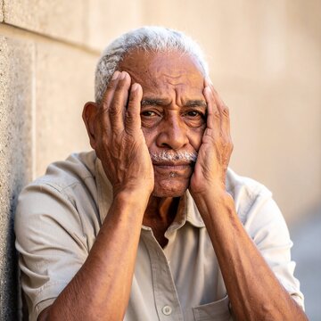 Una persona senior con las manos en la cara en concepto de depresi&oacute;n, tristeza y soledad AF