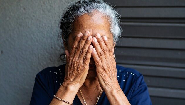 Una persona senior con las manos en la cara en concepto de depresi&oacute;n, tristeza y soledad AF